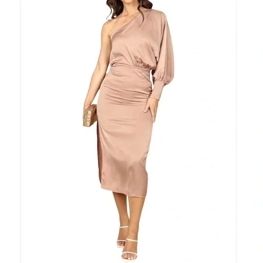 Petal & Pup Womens Regale One Shoulder Drape Midi  Latte Taupe Women’s size XS